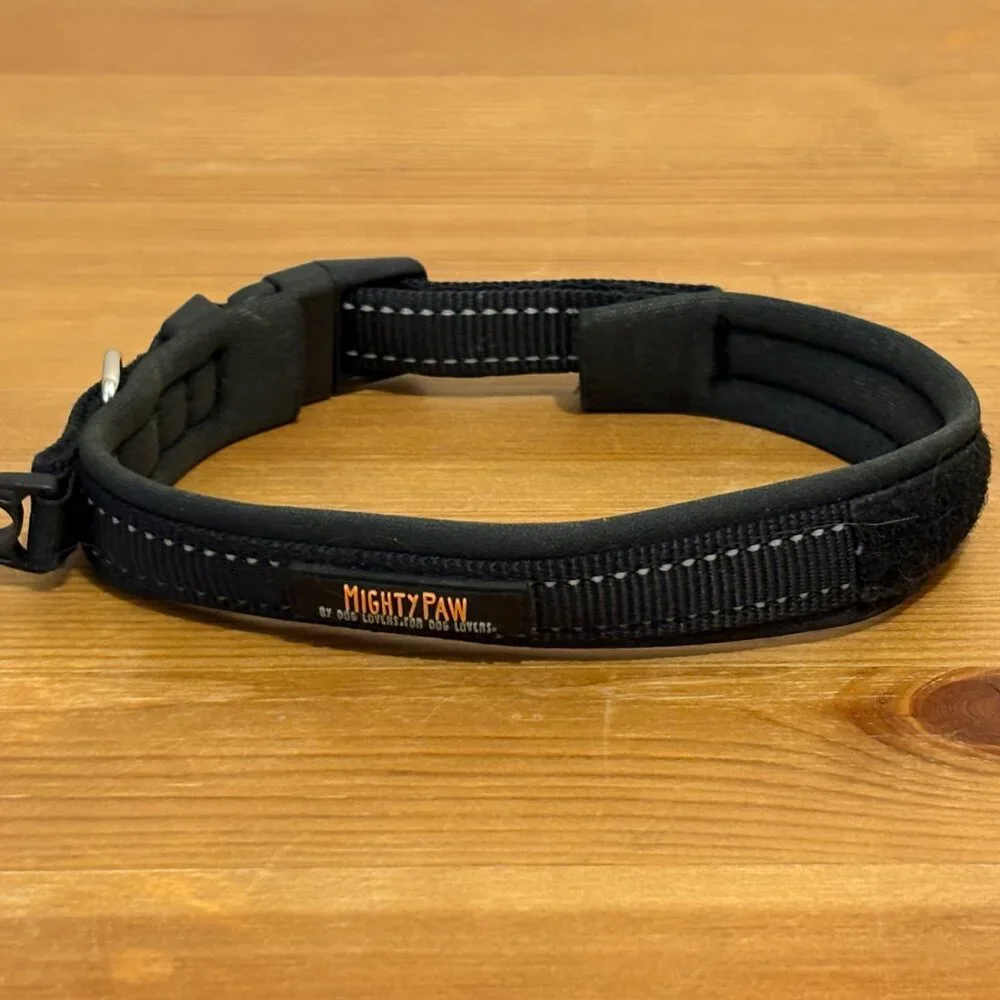 Mighty Paw Black Dog Collar - Neoprene Padded - Reflective for Running, Size S